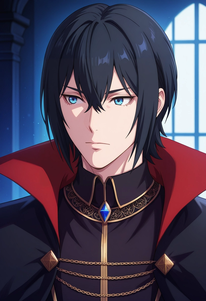 masterpiece, best quality, intricate details, semi-realistic,, 1boy, solo, male focus, <lora:ren_amaki_ilxl:0.96>, ren_amaki, black hair, blue eyes, hair between eyes, , , dracula costume