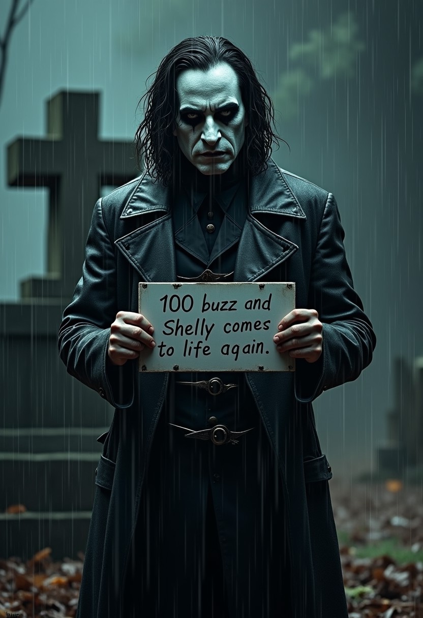 ThThe Crow (Brandon Lee) in a sorrowful pose, standing in front of a tombstone in a dark, rainy graveyard," "wearing a black leather trench coat, white face paint with black gothic makeup," "his expression is sad and contemplative, raindrops glistening on his face and coat," "holding a clear sign with bold, sharp text that reads: '100 buzz and Shelly comes to life again,'" "the graveyard is dimly lit, with shadows and a moody atmosphere," "ensure all details are crisp and clear.