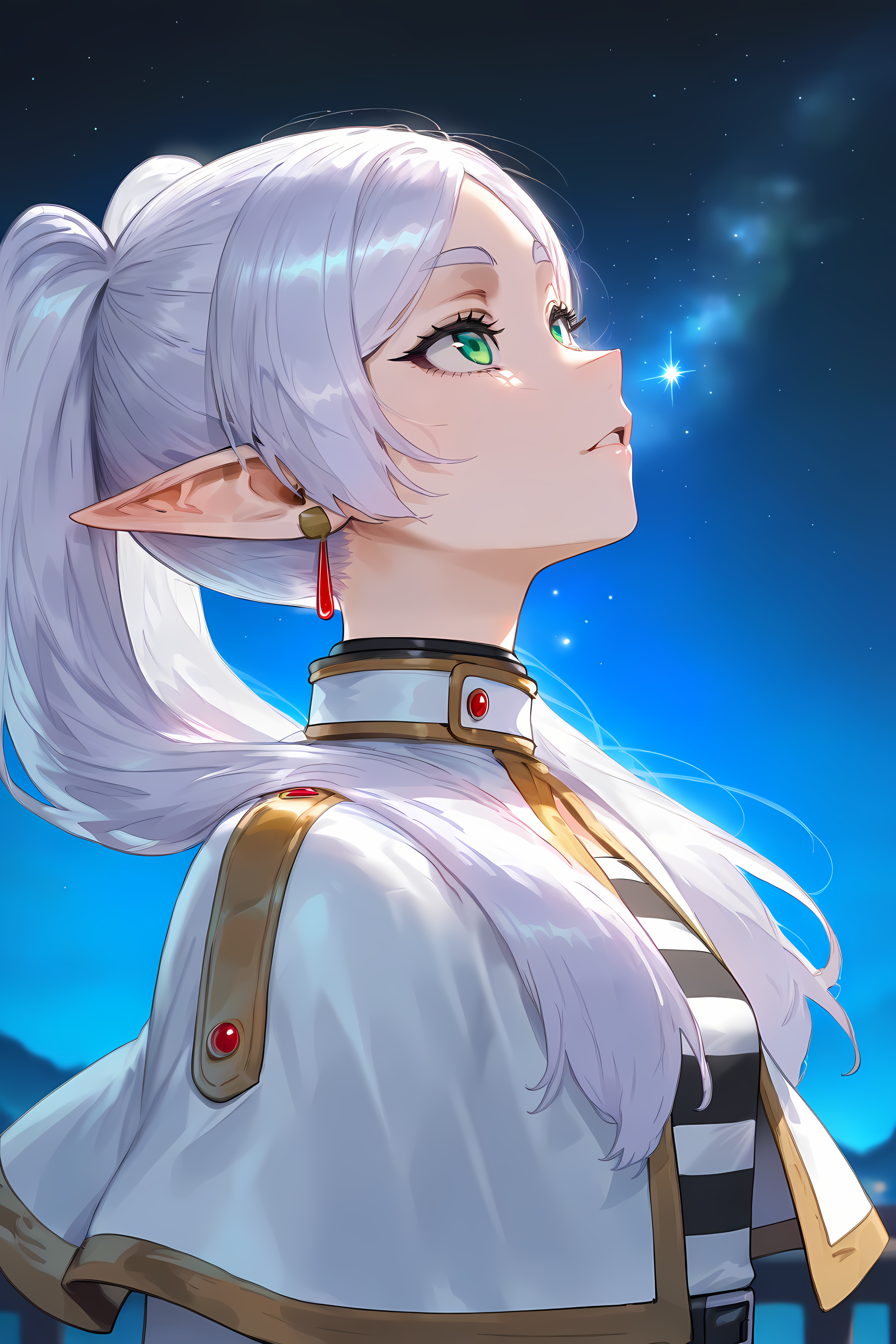 1girl, frieren, sousou no frieren, pointy ears, twintails, elf, long hair, green eyes, parted bangs, white hair, white capelet, white dress, side view, looking up, night, stars, floox, masterpiece, best quality, good quality, absurdres, newest