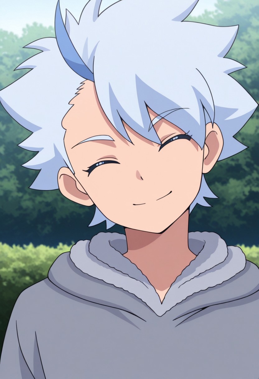 masterpiece,best quality,amazing quality, source_anime,
FroyGirikanan, 
1boy, male focus, solo, closed eyes, multicolored hair, grey hair, blue hair, hoodie, grey hoodie, hood,  smile, happy, head tilt, portrait,
outdoor,