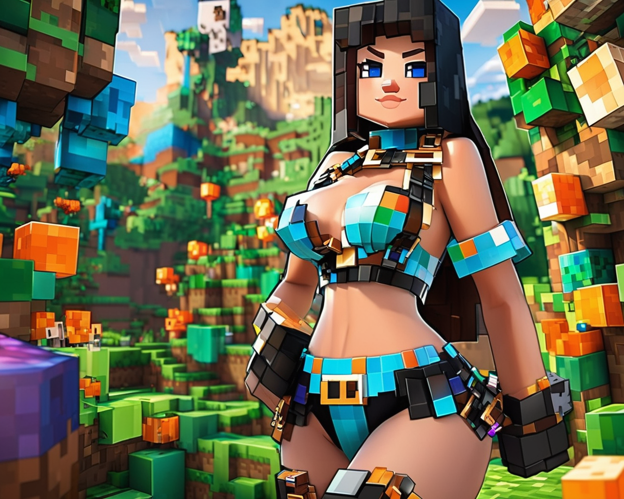 Minecraft style <lora:FF-minectaft-XL-Fa1-v0183:1> a woman in minecraft posing for a picture in latex bikini with a pixalated blue harness and metal choker minecraft render with a potion, big breasts , huge big breasts, corset latex, minecraft world style    . Blocky, pixelated, vibrant colors, recognizable characters and objects, game assets