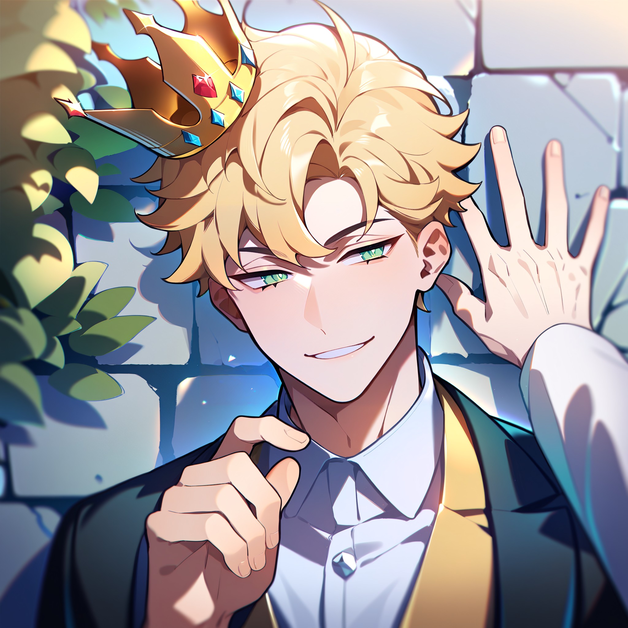 score_9, score_8_up, score_7_up, best quality, amazing quality, best aesthetic, amazing aesthetic, 2023, duo, solo focus, short hair, yellow hair, green eyes, suit, pov hands, kabedon, <lora:KabedompovPonyXL:1.2>, wall \(structure\), stone wall, prince, smug, crown