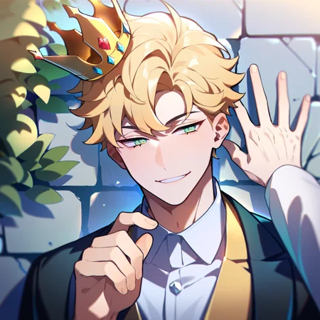 score_9, score_8_up, score_7_up, best quality, amazing quality, best aesthetic, amazing aesthetic, 2023, duo, solo focus, short hair, yellow hair, green eyes, suit, pov hands, kabedon, <lora:KabedompovPonyXL:1.2>, wall \(structure\), stone wall, prince, smug, crown