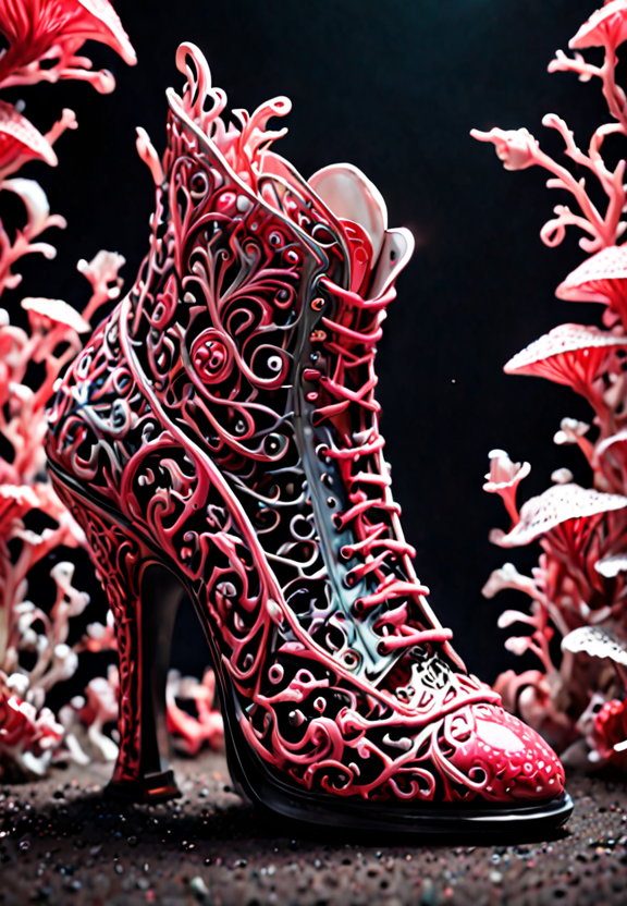 a close up of a shoe made of coralbugXL, stylish shoe design, exquisite imaginative poster art, coralbugXL embellishment, by Victorine Foot, coralbugXL, the theme of alice in wonderland, coralbugXL, highly detailed fantasy art, exquisite digital illustration, great digital art with details, highly detailed digital painting, surrealistic digital artwork, 3d epic illustrations,  <lora:coralbugXL:1> <lora:LCMTurboMix_DPM_SDE_Karras:1>