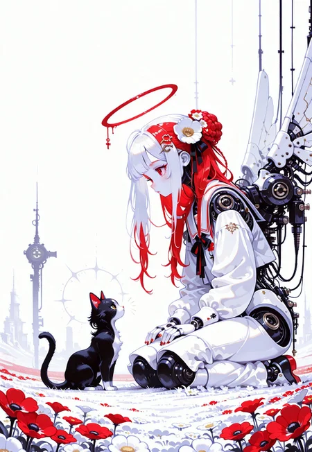 1girl, doll girl, doll joints, white hair, long hair, braided bun, red hair ribbons, hair flower, key hair ornament,  mechanical wings, profile, nail polish, kneeling, curious cat, angel cat, animal focus, poppy flower field,  white background, (monochrome, negative space:1.2), white theme, painterly, no lineart, no outline, fine art, masterpiece, best quality, good quality, very awa, very aesthetic, absurdres, newest, 8k, high contrast, in the style of cknc, haiz_ai, wat