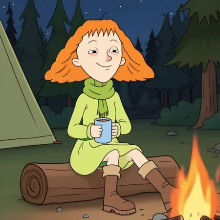 1girl, solo, sours1, dress, jumper, scarf, orange hair, slight smile, half closed eyes, sitting by campfire, holding mug,  tent, boots, forest, cold night, <lora:sours1:1>,