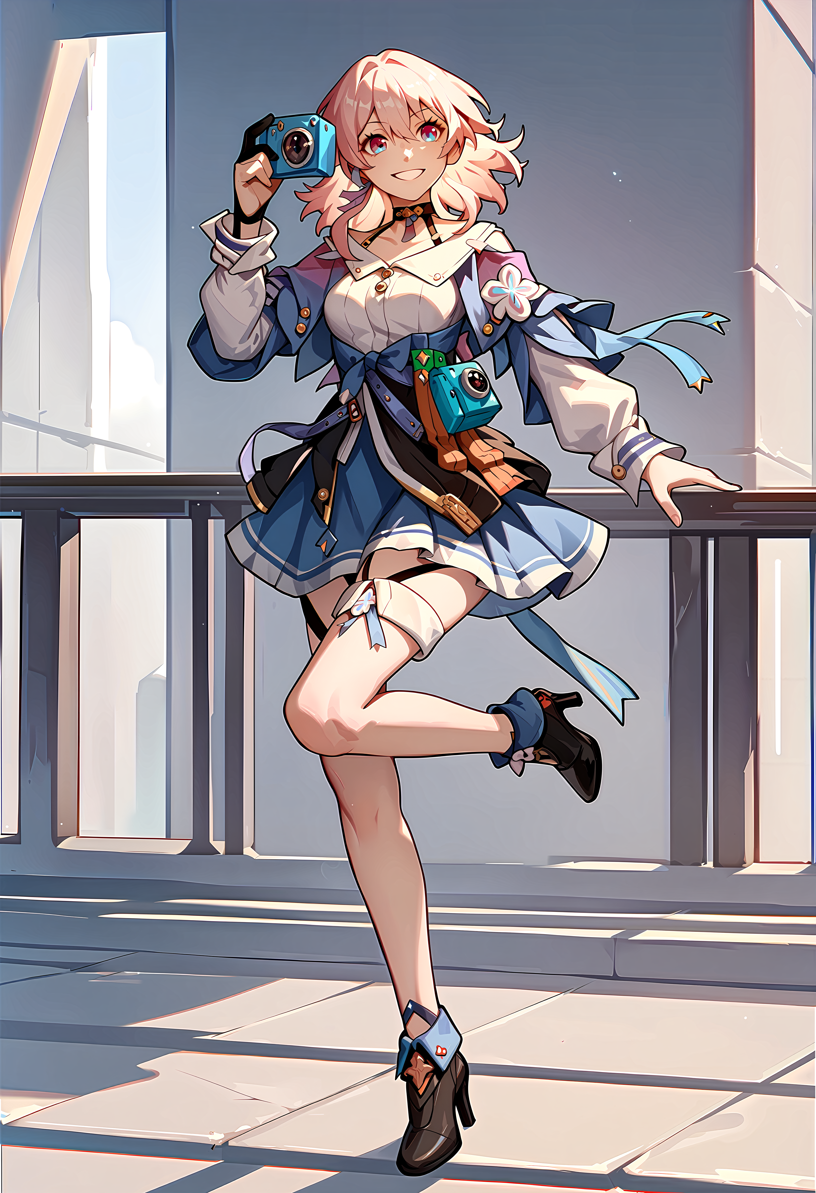 (score_9, score_8_up, score_7_up), 1girl, march7th, choker, single glove, thigh strap, black heels, holding camera, smile, standing on one leg, <lora:march7th-strPO-v1AR:0.9>