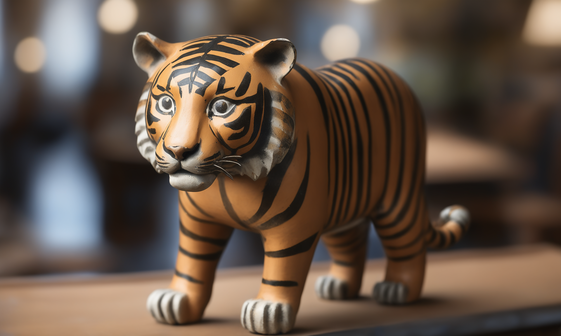 <lora:paintedpotterycd_xl-000004:0.8>,a handmade sculpture toy of a tiger made of painted pottery in office scene,paintedpotterycd_xl,miniature,tilt-shift,solo,indoors,chinese zodiac,wooden table,cutie,cute,still life,animal statue,front view,facing viewer,looking at viewer,(Unbelievable Digital Artwork:1.3),fine art,CGSociety,ArtStation,master works, 8K, HDR, UHD, masterpiece, best quality, highly detailed, high resolution, finely detail, extremely detailed, ultra detailed, wallpaper