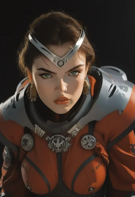 Marlena_BA, battle armor, unique angle, unique perspective, dramatic angle, a girl, long hair, ponytail, brown hair, glowing green pupils eyes, black lips, big breasts, wide hips, rings, mascara, dynamic action pose, indoor, in space ship, in hangar. all dark, scenery, cinematic lighting, volumetric lighting
BREAK
score_9, score_8_up, score_7_up, rating_explicit