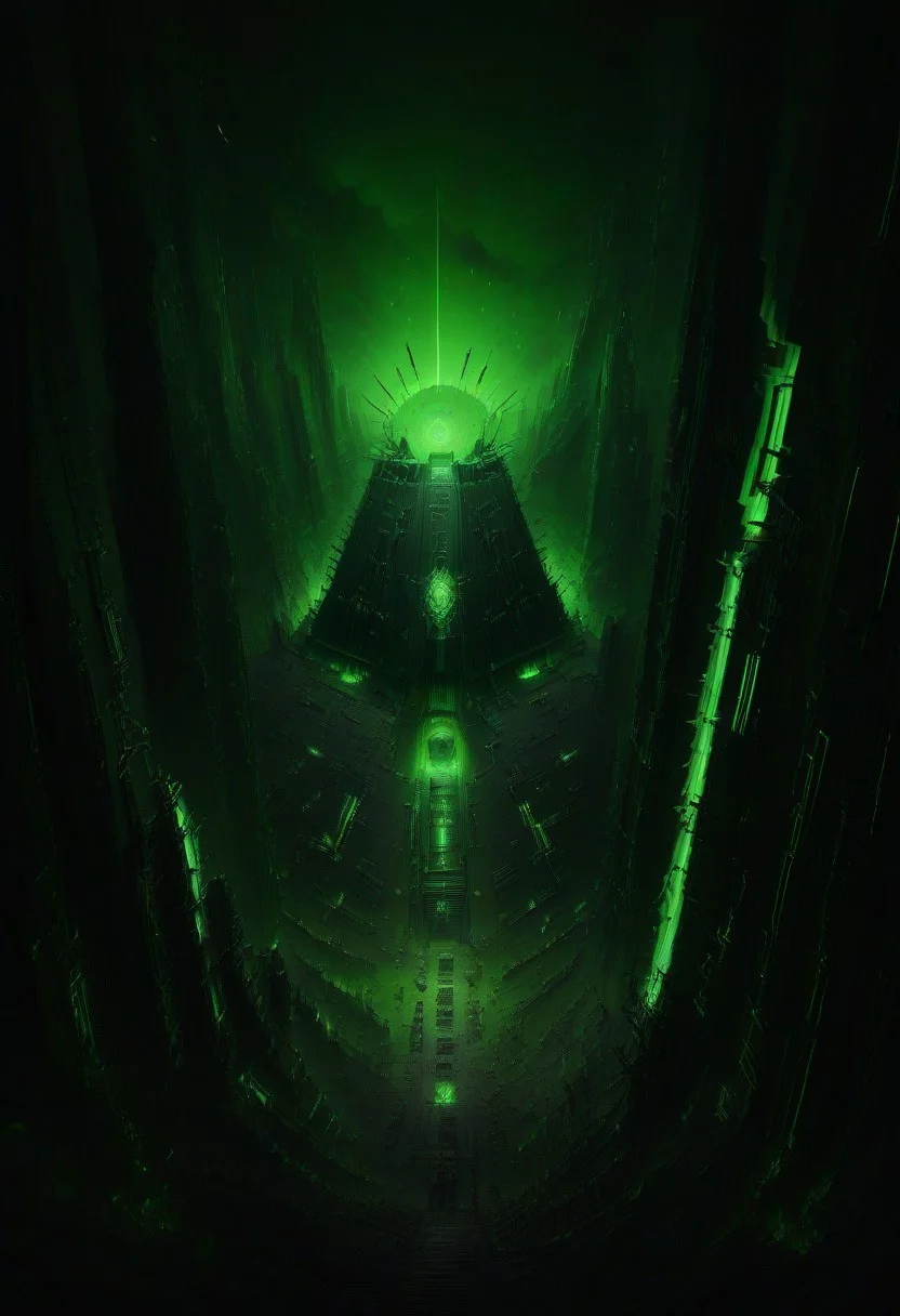 green sun, electricity, green glow, green theme, Necron, pits of acid, skeletons, chaos,