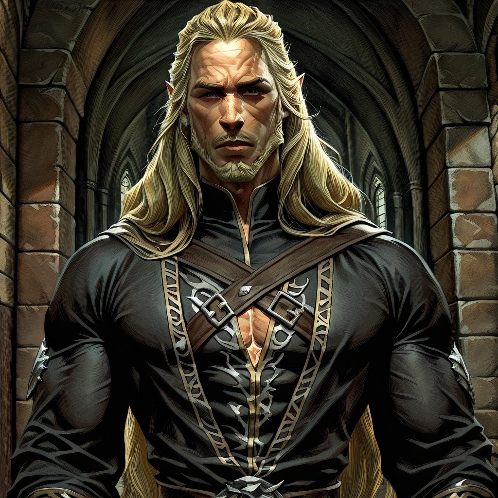 masterpiece, best quality, newest, absurdres, highres, Cedric-Peyravernay-D4/Dishonored-Art-V1.0, solo, solo focus, male focus, 1boy, elf, manly, muscular male, facial hair, blonde, long hair, beard, armor, robe, black robe, 