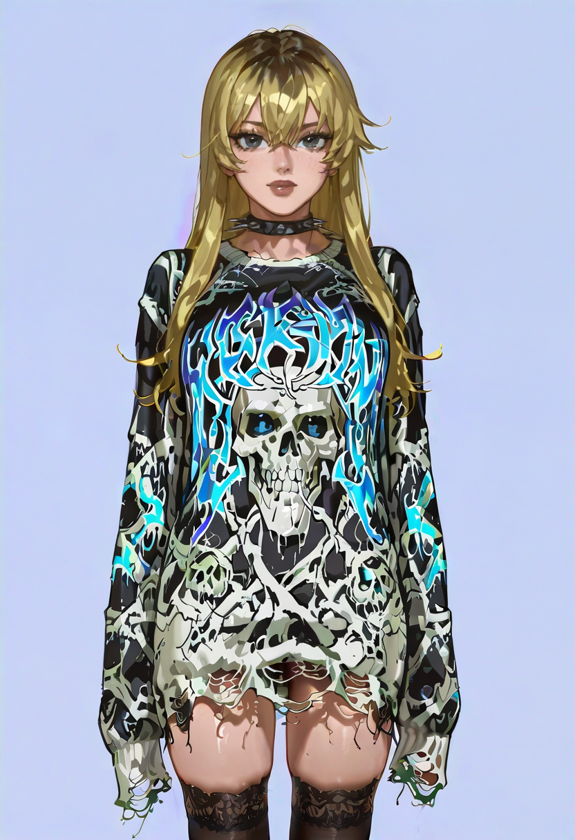 1girl,solo,looking at viewer, echo (circa),esk sweater, skull, black thighhighs, print shirt, dark_magician_girl