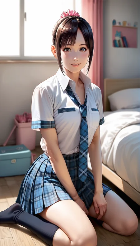 score_9,score_8_up,score_7_up,
<lora:miiyamotoHikari:0.9>,miiyamotohikari,
1girl,solo,black hair,ponytail,bangs,brown eyes,pink scrunchie,
school uniform,white shirt,white collar,blue plaid skirt,blue plaid necktie,
black kneehighs,no shoes,
looking at viewer,smile,blush,
medium breasts,best hips,skindentation,
sitting,
indoors,bedroom,bed,window,vignetting,blurry background,