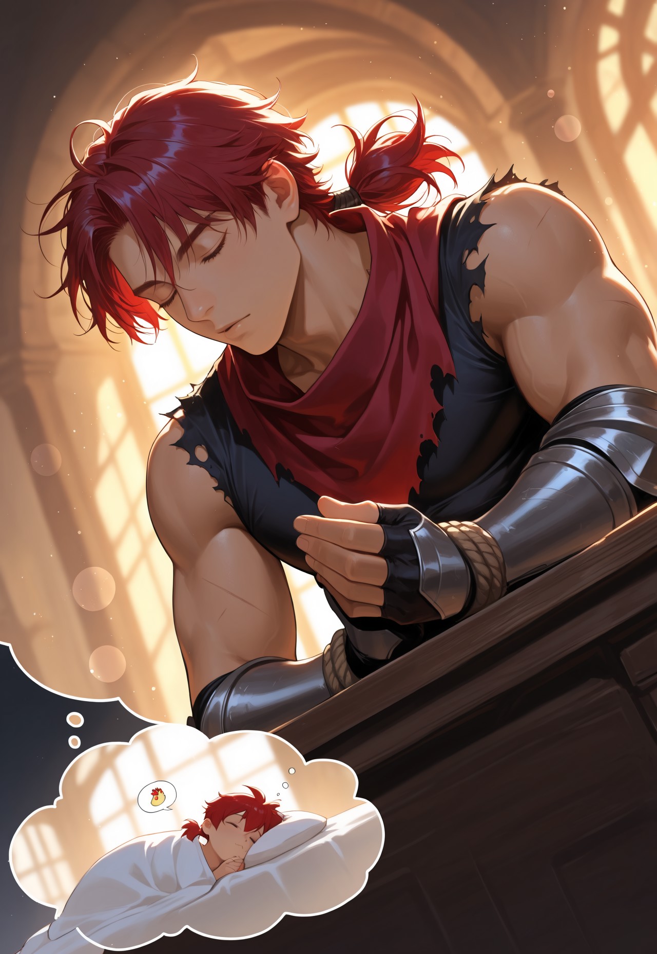 masterpiece, high quality, best quality, very aesthetic, absurdres, extremely detailed, realistic, volumetric lighting, (male focus, gay, male only), dynamic pose, dynamic angle,, 1boy, portrait, shallow depth of field, bokeh, knight, red vignette, dutch angle, torn clothes, red neckerchief, toned male, blowing hair, meditation, dream speech_bubble with a chicken, dreaming, dreaming of, sleeping, sitting, head on desk, dreaming of chicken, hair tied up