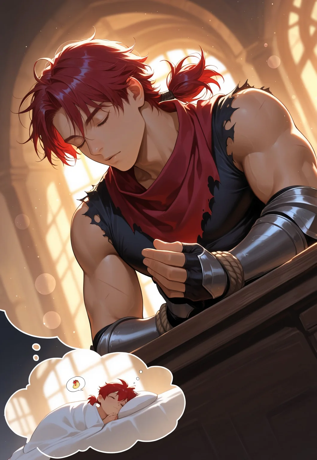 masterpiece, high quality, best quality, very aesthetic, absurdres, extremely detailed, realistic, volumetric lighting, (male focus, gay, male only), dynamic pose, dynamic angle,, 1boy, portrait, shallow depth of field, bokeh, knight, red vignette, dutch angle, torn clothes, red neckerchief, toned male, blowing hair, meditation, dream speech_bubble with a chicken, dreaming, dreaming of, sleeping, sitting, head on desk, dreaming of chicken, hair tied up