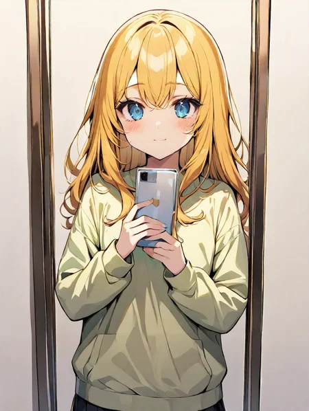 masterpiece,ultra-detailed,best quality,8K,illustration,cute face,clean skin ,shiny hair,girl,ultra-detailed-eyes,simple background, <lora:add-detail-xl:1> <lora:selfie_XL_illustrious_V1.0:1> selfie, holding smartphone, mirror, reflection