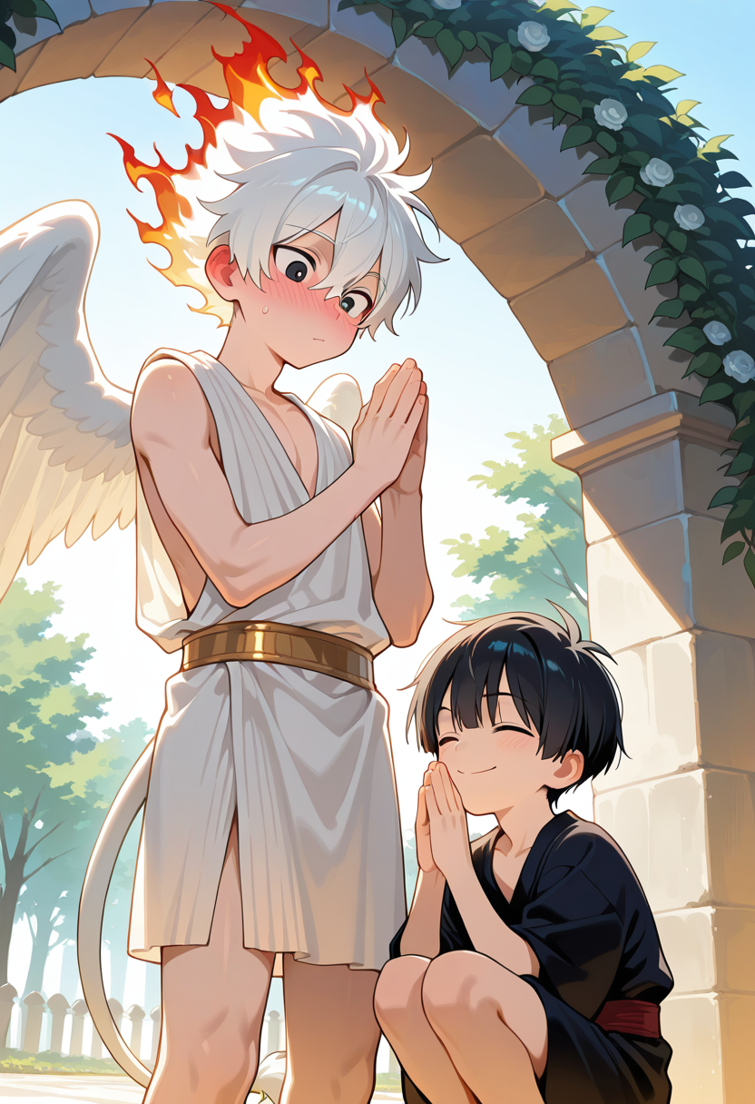 masterpiece, best quality, amazing quality, male focus, 2boys, young, outside, marble arch, day,
BREAK 1boy, white hair, fiery hair, red fire, black eyes, white wings, white lion tail, white toga, ancient greek clothes, standing, blushing, ?, curious, behind another,
BREAK 1boy, black hair, black hair, closed eyes, black toga, ancient greek clothes, on knees, praying, happy, smiling,