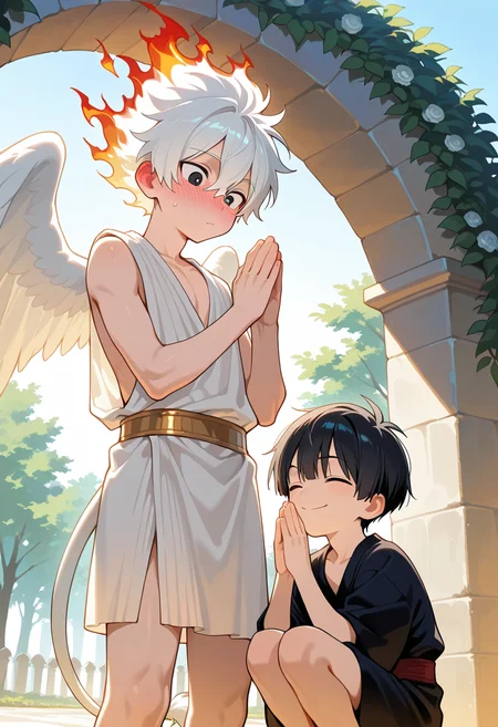 masterpiece, best quality, amazing quality, male focus, 2boys, young, outside, marble arch, day,
BREAK 1boy, white hair, fiery hair, red fire, black eyes, white wings, white lion tail, white toga, ancient greek clothes, standing, blushing, ?, curious, behind another,
BREAK 1boy, black hair, black hair, closed eyes, black toga, ancient greek clothes, on knees, praying, happy, smiling,