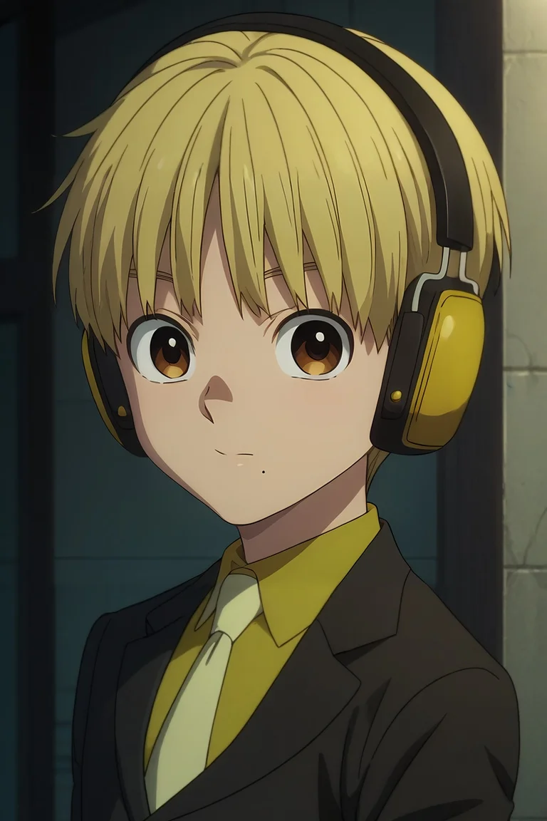 score_9, score_8_up, score_7_up, , rating_safe, , anime screencap, anime coloring, , looking at viewer, depth of field, 1boy, solo, male focus, <lora:nobimaru_kemono_jihen_pony:0.92>, nobimaru_kemono_jihen, blonde hair, brown eyes, short hair, mole under mouth, headphones, formal, suit, yellow necktie, , ,, <lora:sdxl_lightning_8step_lora:1>