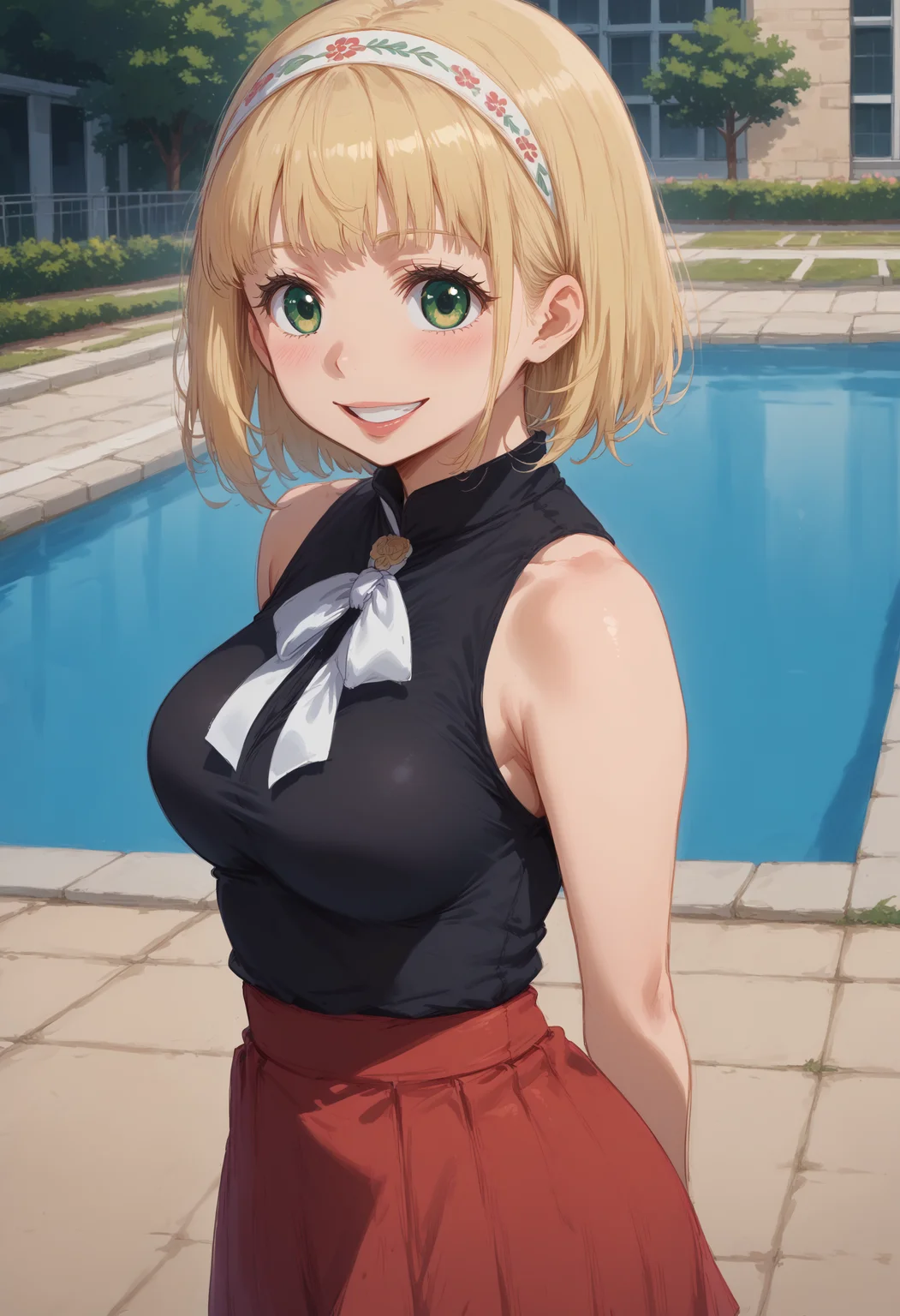 score_9, score_8_up, score_7_up, highres, 18yo, high res image, source_anime, masterpiece, 1girl, solo, detailed face, detailed eyes, eyes half open, detailed teeth,
<lora:MoriyamaShiemi:1>, moriyamashiemi, shiemi, blonde hair, short hair, blunt bangs, green eyes, blush,
medium breasts,smile,happy,parted lips,headband,arms behind back, outdoors, anime themed black top, red skirt, chunky sandals, from above, from side, riverside,