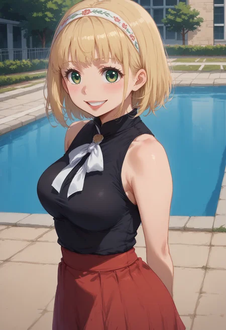 score_9, score_8_up, score_7_up, highres, 18yo, high res image, source_anime, masterpiece, 1girl, solo, detailed face, detailed eyes, eyes half open, detailed teeth,
<lora:MoriyamaShiemi:1>, moriyamashiemi, shiemi, blonde hair, short hair, blunt bangs, green eyes, blush,
medium breasts,smile,happy,parted lips,headband,arms behind back, outdoors, anime themed black top, red skirt, chunky sandals, from above, from side, riverside,