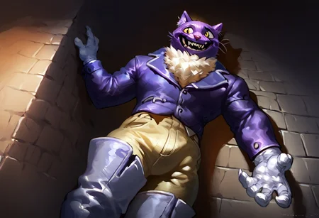 score_9,score_8_up,score_7_up, best quality, 1boy, solo, PocketCat, smile, sharph teeth, purple blazer, trousers, white boots, white gloves, thick things, male focus, in dungeon, leaning against the wall, low angle, open pants, unzipped pants,