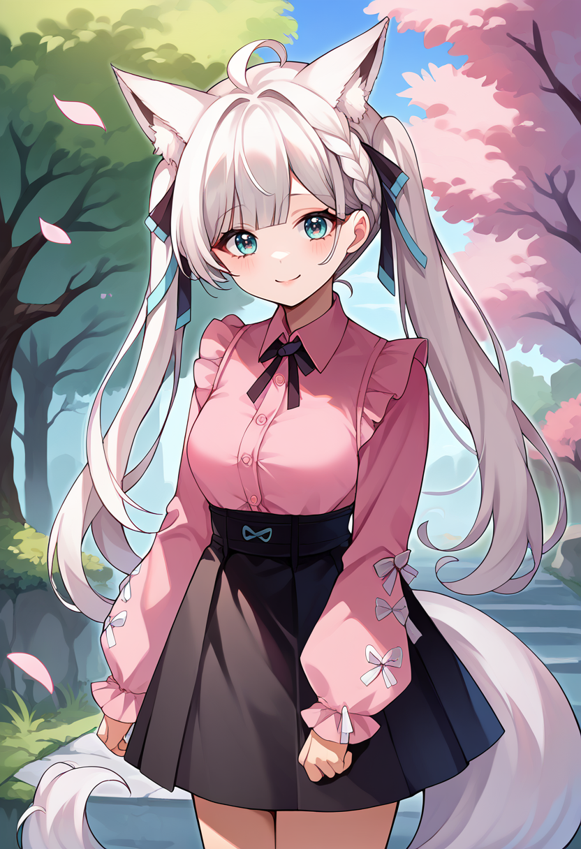 score_9, score_8_up, source_anime, 1girl, solo, WhiteBurinyan, animal ears, tail, long hair, ahoge, braid, twintails, hair ribbon, jirai kei, pink shirt, collared shirt, frills, long sleeves, high-waist skirt, black skirt, outdoors, sakura blossom tree, smile, <lora:ChamWhiteBurinyanPonyXL:1>