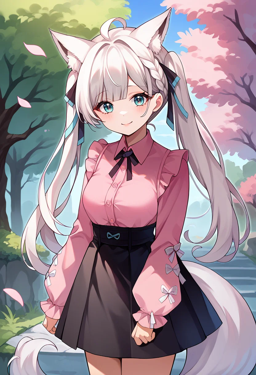 score_9, score_8_up, source_anime, 1girl, solo, WhiteBurinyan, animal ears, tail, long hair, ahoge, braid, twintails, hair ribbon, jirai kei, pink shirt, collared shirt, frills, long sleeves, high-waist skirt, black skirt, outdoors, sakura blossom tree, smile, <lora:ChamWhiteBurinyanPonyXL:1>