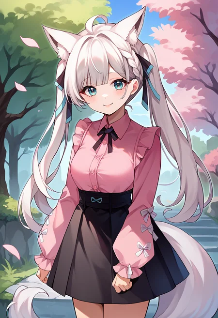 score_9, score_8_up, source_anime, 1girl, solo, WhiteBurinyan, animal ears, tail, long hair, ahoge, braid, twintails, hair ribbon, jirai kei, pink shirt, collared shirt, frills, long sleeves, high-waist skirt, black skirt, outdoors, sakura blossom tree, smile, <lora:ChamWhiteBurinyanPonyXL:1>