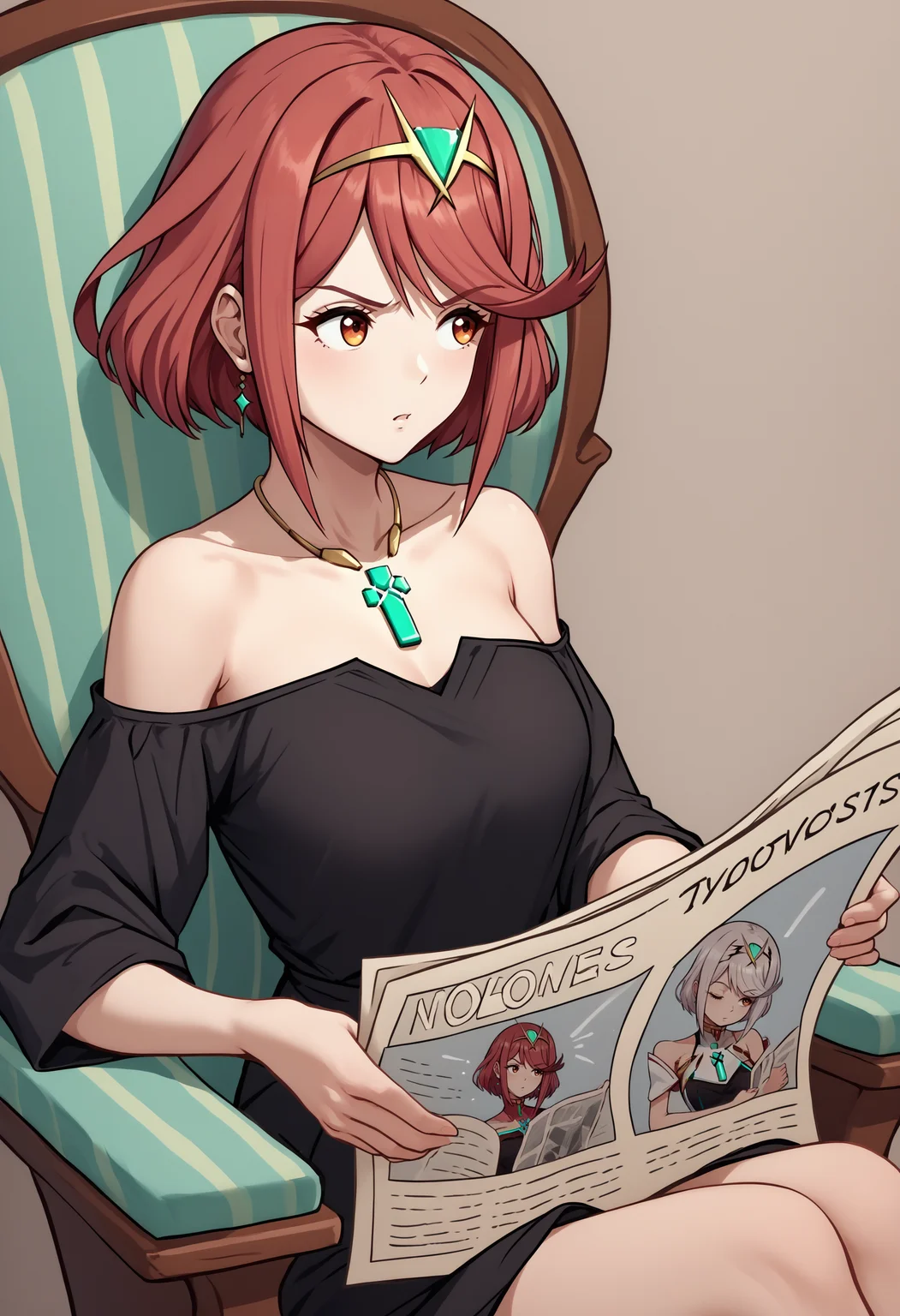 score_9, score_8_up, score_7_up, source_anime, 1girl, TomReadingTheNewspaper, sitting, newspaper, chair, reading, <lora:TomReadingTheNewspaper_XLPD:1>, pyra \(xenoblade\), black dress, off shoulder, bare arms, collarbone, jewelry, necklace,