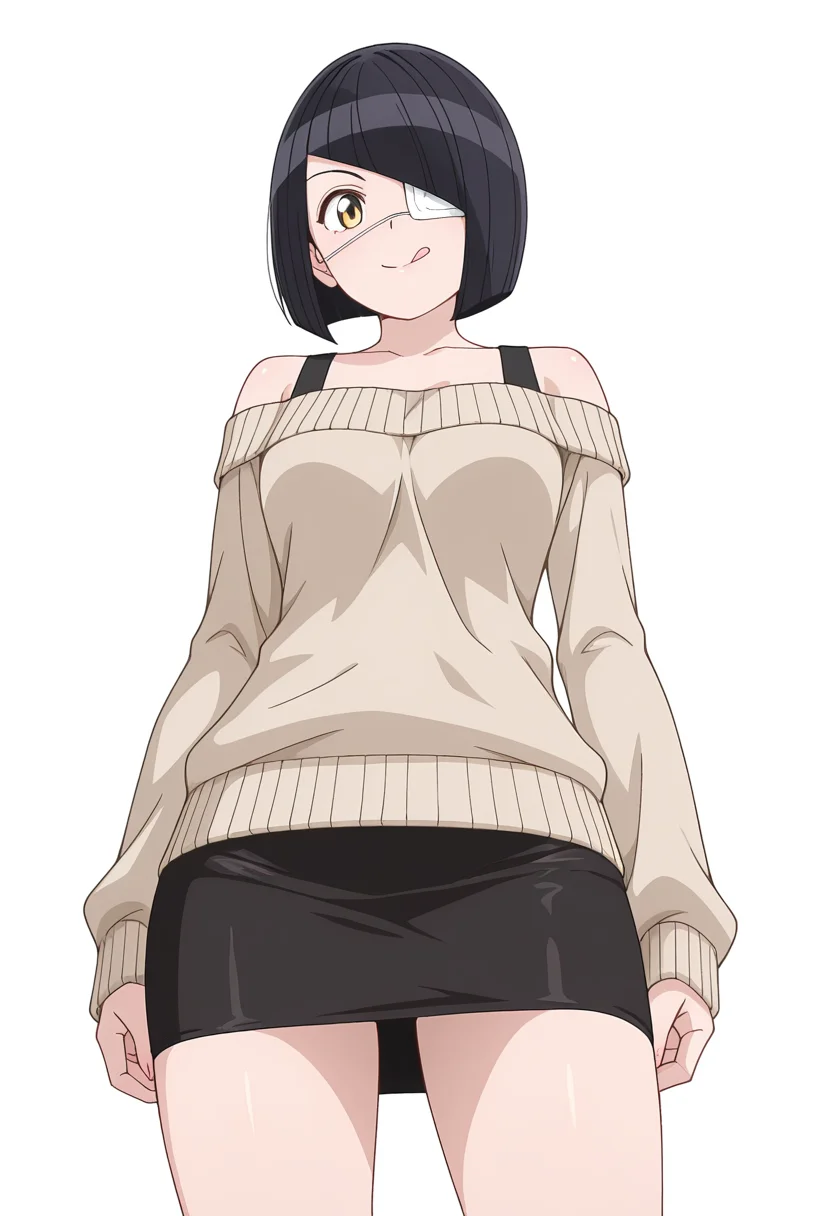 Smooth Quality,masterpiece,very intricate, high quality details, ultra realistic, high detailed skin,detailed enviorement,
simple background, white background,from below,:q,
pencil skirt, ,sweater vest, ,off-shoulder top, , <lora:Nakanaka_Omoharu_cnn:0.8> nakanakaomoharucnn, 1girl,black hair, short hair, bangs, bob cut, yellow eyes, eyepatch,