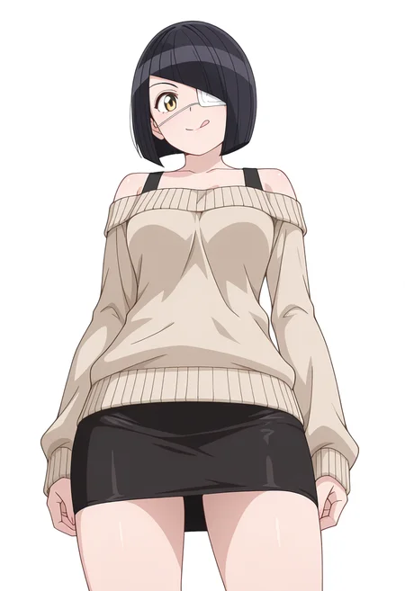 Smooth Quality,masterpiece,very intricate, high quality details, ultra realistic, high detailed skin,detailed enviorement,
simple background, white background,from below,:q,
pencil skirt, ,sweater vest, ,off-shoulder top, , <lora:Nakanaka_Omoharu_cnn:0.8> nakanakaomoharucnn, 1girl,black hair, short hair, bangs, bob cut, yellow eyes, eyepatch,