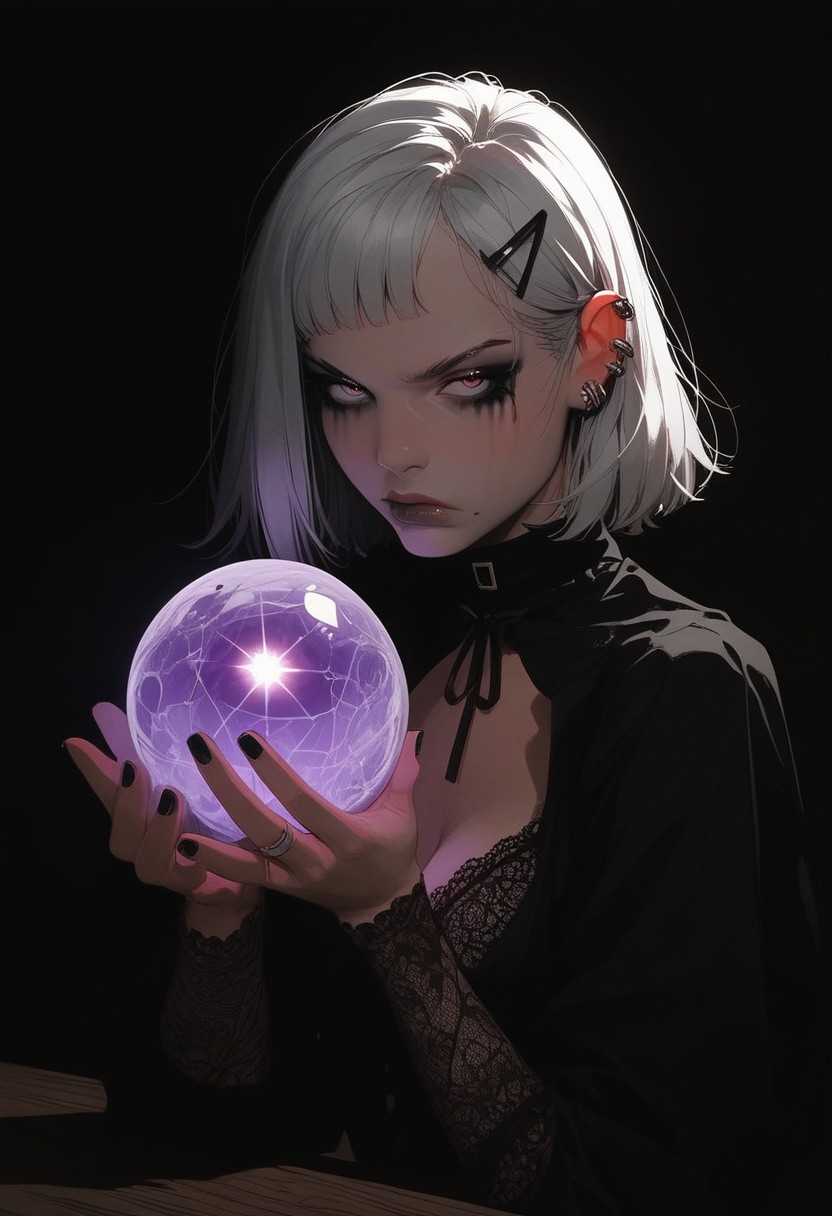 score_9, score_8_up, score_7_up, score_6_up, raw, realistic, photo, photorealistic, 1girl, (adorable sexy goth slut), cute, annoyed, eye contact, dark heavy makeup, lace sleeves, sexy hourglass figure, short white hair, hairclips, oiled skin, lace bra, hud_cryst4l_b4ll, glowing, crystal ball, orb, upper body, table, detailed frontal lighting, clear image, shadow, in goth church, Expressiveh, illustration, pop art, pop surrealism