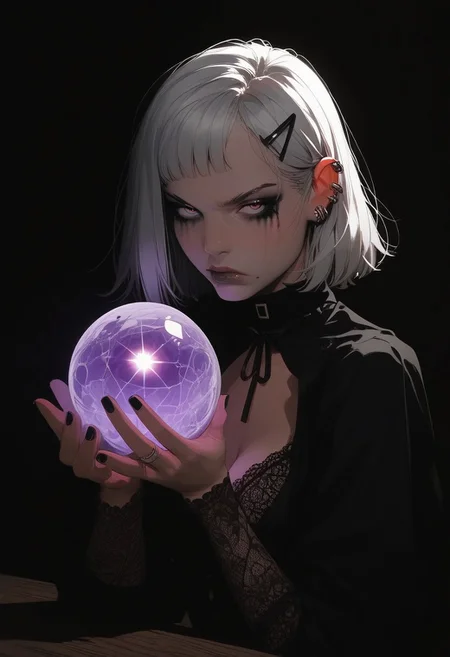 score_9, score_8_up, score_7_up, score_6_up, raw, realistic, photo, photorealistic, 1girl, (adorable sexy goth slut), cute, annoyed, eye contact, dark heavy makeup, lace sleeves, sexy hourglass figure, short white hair, hairclips, oiled skin, lace bra, hud_cryst4l_b4ll, glowing, crystal ball, orb, upper body, table, detailed frontal lighting, clear image, shadow, in goth church, Expressiveh, illustration, pop art, pop surrealism