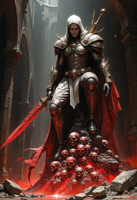 An elaborate Baroque-style oil painting of a high-ranking skeleton warrior, perched confidently atop a towering mound of skulls. Its glowing red eye sockets radiate an intense, malevolent light, illuminating the surrounding darkness. The warrior wields a massive, broken broadsword, captured in mid-swing, as if poised to strike. Tattered leather armor hangs in tatters from its decayed bones, revealing the dirt and grime accumulated over countless battles. The ornate details of the armor and weapon contrast starkly with the grimy skeletal figure. Below, the skull mound forms a chaotic yet majestic throne, emphasizing the warrior's dominance. The eerie catacombs in the background, with crumbling stone walls and dark shadows, enhance the haunting atmosphere, filled with swirling red magic in the air. <lora:Risograph_Style_FLUX_by_Ethanar-000001.safetensors:0.5>, <lora:artisketchyfs-v02.safetensors:0.75>,  <lora:BeautyInEvilFlux.safetensors:0.66>,