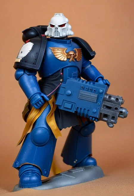 Score_9_up, absurdres, source: GamesWorkshop, grimdark, gothic horror, an adeptus astartes Ultramarines space marine in armor and helmet wielding a melta
