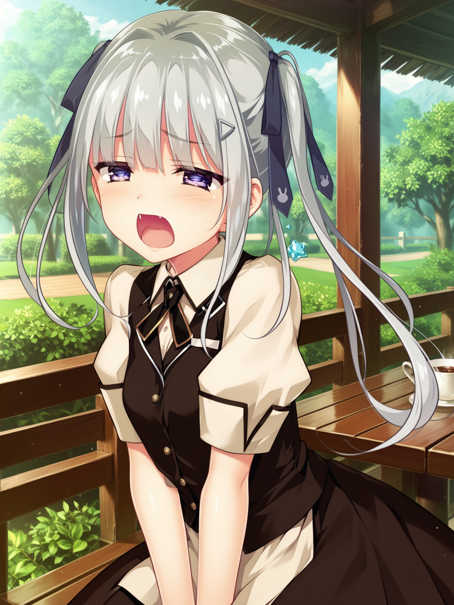 <lora:happy_tentacle-kuon-v0.2-000030:1>, ht_kuon, waitress, collar, black vest, miniskirt, dress shirt, collared shirt, hair ornament, hair ribbon, apron , outdoors, 1girl, solo, , half-closed eyes , (screaming :1), , looking at viewer , sitting , , score_9, score_8_up, score_7_up, score_6_up, score_5_up, score_4_up