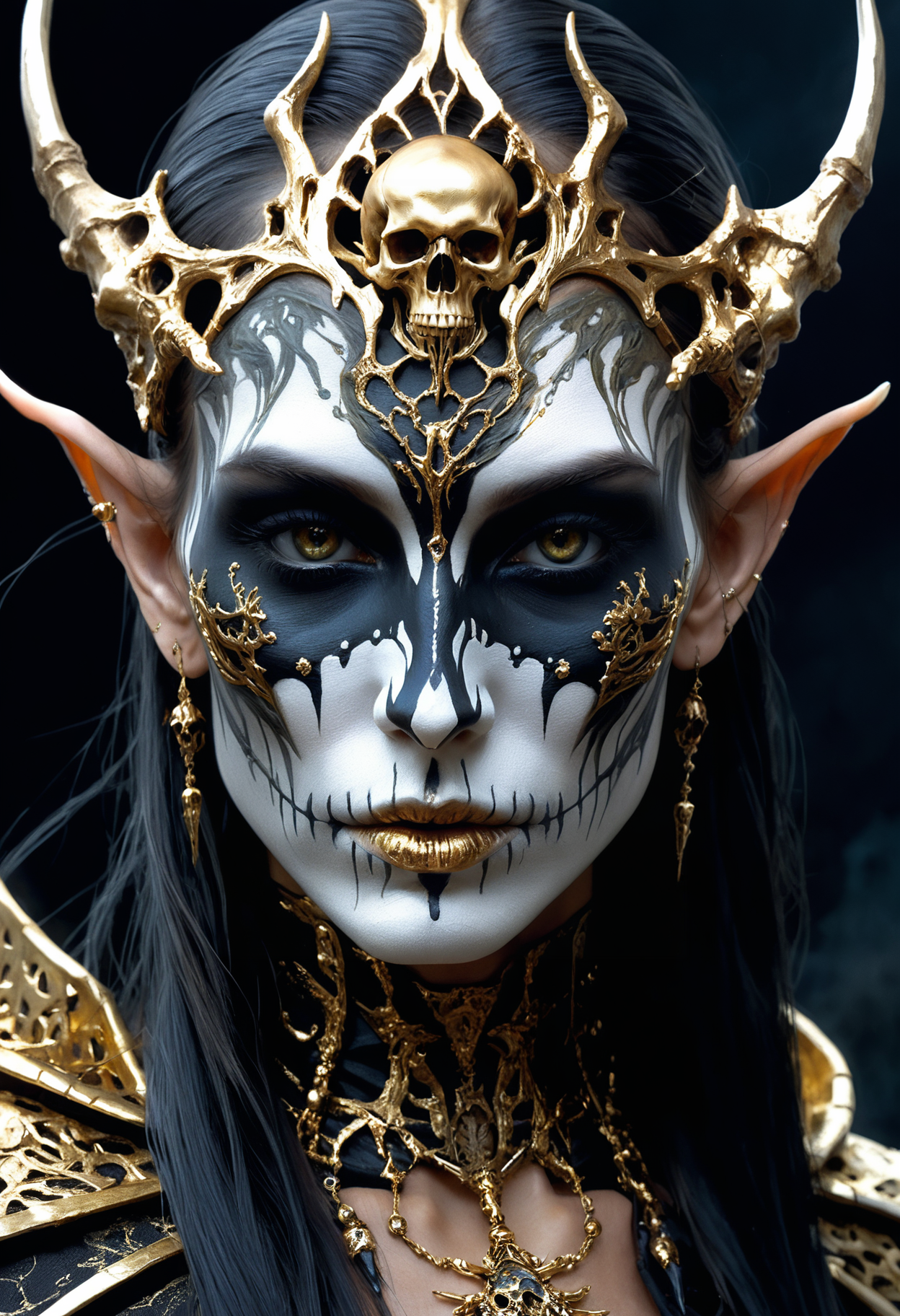 necromancer female Aerenal Elf, gold and black robes, skull painted onto her face, face paint, skull face paint, scary, highly detailed face, highly detailed eyes, approaching perfection, dynamic, highly detailed, smooth, sharp focus, art by Carne Griffiths and Wadim Kashin, trending on artstation, sharp focus, intricate details, highly detailed, by greg rutkowski, mysterious, epic, cinematic <lora:add-detail-xl:0.8>
