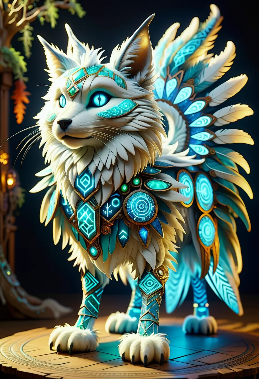 hyper detailed masterpiece,DonMMy51ic4lXL, large swift phosphorescent organic geometric spirit, quadrupedal armless, furry appendages, nine-tailed, short-tailed, feathers, rounded ears, , runes <lora:DonMMy51ic4lXL-v1.1-000006:0.8>