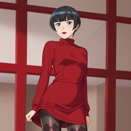 <lora:Yuka_pony_v1:.7> YukaPurpleShirt, 1girl, solo, short hair, black hair, makeup, lipstick, black eyes, blunt bangs,  cowboy shot,  <lora:0965 Home wear 12_v1_pony:1> ruanyi0965,red dress,short dress,black pantyhose,argyle legwear,turtleneck,dress lift,bottomless,long sleeves