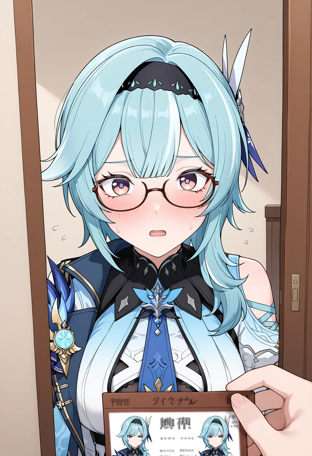 masterpiece, best quality, high resolution, source_anime, highly detailed illustration, detailed eyes,
very aesthetic, absurdres, newest, amazing quality, official art,
<lora:shiAruMemeV1ill:1>, shiarupastmeme, meme, holding, id card, pov hands, pov,solo focus,
looking at viewer, blush, open mouth, flying sweatdrops,
short hair, blunt bangs, glasses,
indoors,
BREAK
eula \(genshin impact\),
1girl,