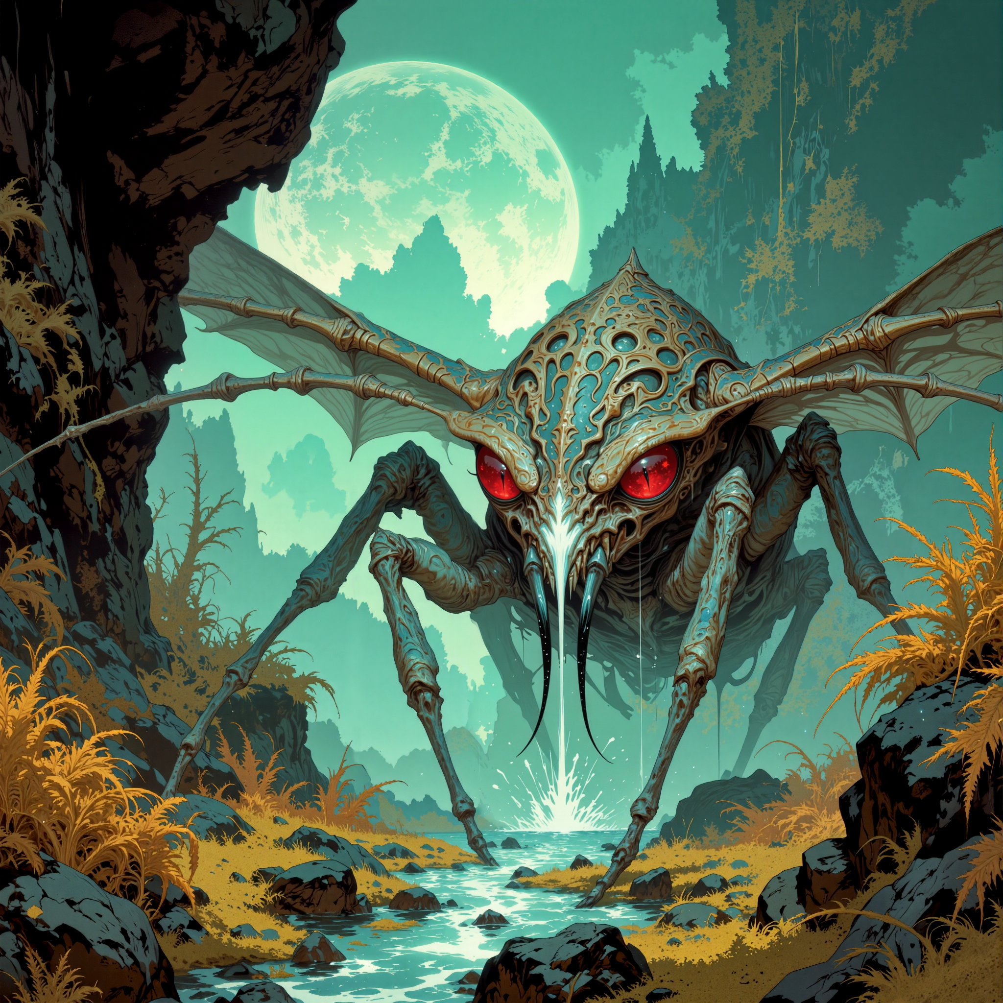 fantastic and supernatural scenery on a distant world, famous artwork inspired by john howe and alex maleew and abbott handerson thayer and mark riddick, fractal art, tranquil, dreamlike scenery, the "four-eyed aeldersnizzler", a disturbingly beautiful and zwengled moor-dwelling insectoid creature with elminstered hide decorated with striking patterns, they hunt wriggleflompedly among the snorglefumbling colorful hypnoferns and the otherworldly crumpyturbled flora of the wondrous swamps suspended in the mysterious ethereal mists of their dreamlike habitat on planet "alpha quartertaurus vi", creature focus, very aesthetic, extremely detailed, ultra high resolution, 8k, 4k, harmonising colors, wine red and mint green and taupe and navy blue and dark amethyst purple, ovg, in the style of ckpf, amanoer, <lora:style-painterly_fantasy-flux-by_chronoknight:0.76> <lora:style-retro_anime-flux-by_lizardman245:0.36> <lora:style-yoshitaka_amano-elden_ring-flux-by_alicient:0.52>