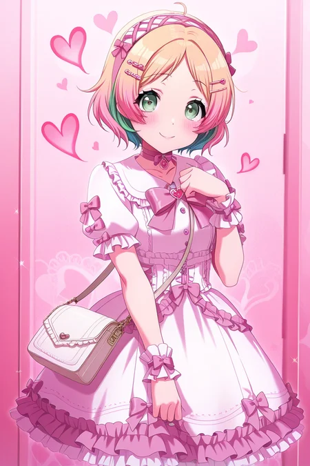 masterpiece, best quality, amazing quality,
<lora:Miiko_IL:1> miiko, green eyes, 1girl, smile, hair ornament, frills, bag, bow, short hair, looking at viewer, dress, multicolored hair, lolita_fashion, wrist cuffs, blush, handbag, hairclip, heart