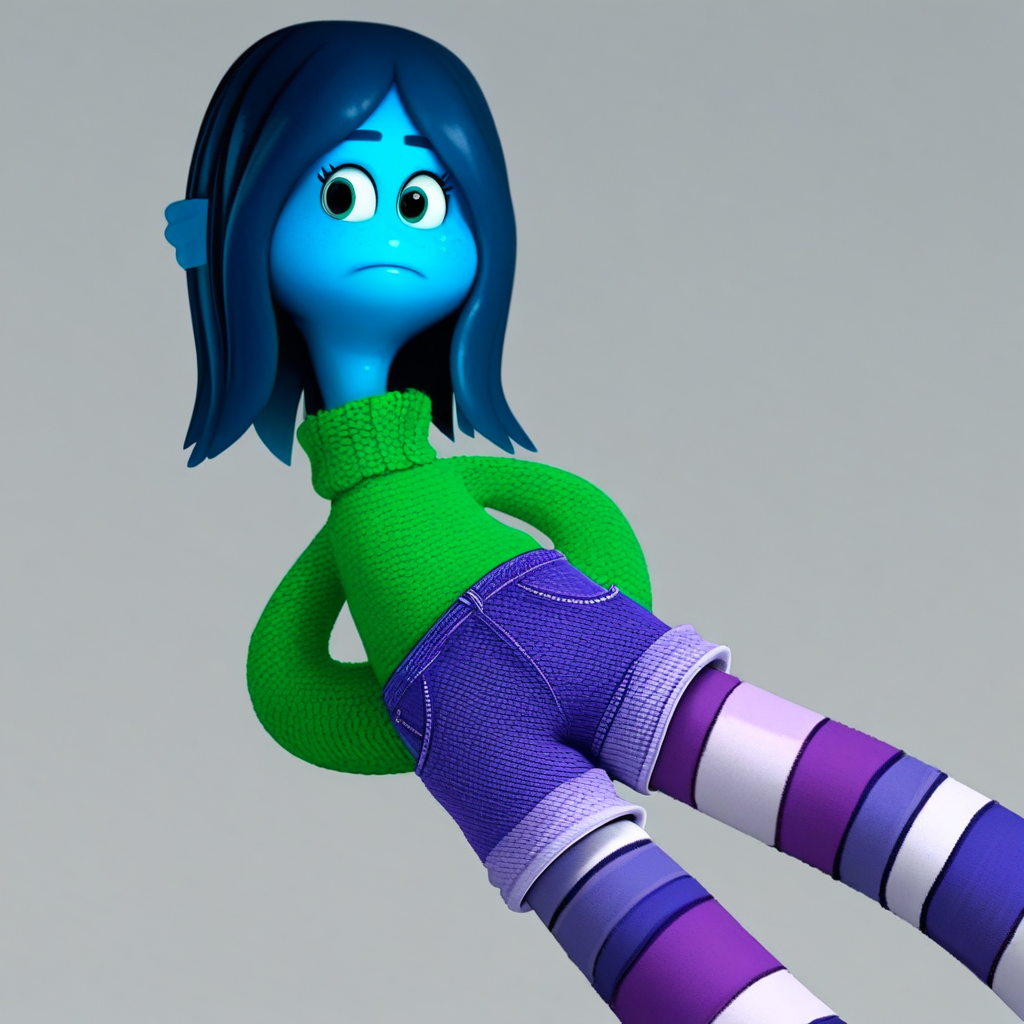 score_9, solo, Rgill, blue hair, blue skin, sweater, shorts, striped pantyhose