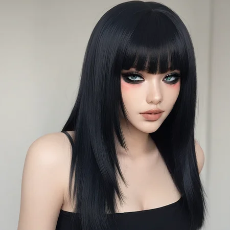 1girl. solo, sexy face, sexy makeup, straight hair, bangs
