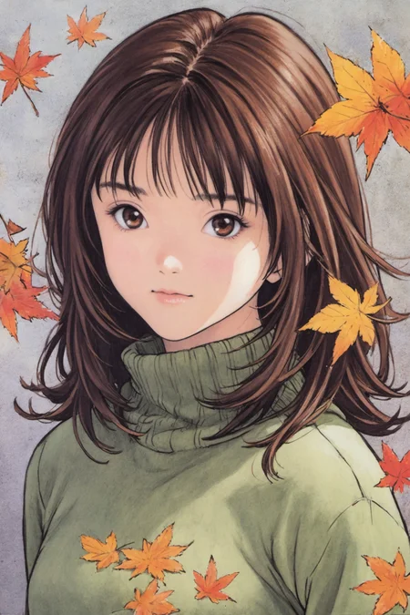 Yoshizuki iori,1girl,solo,brown eyes,sweater,brown hair,looking at viewer,leaf,autumn leaves,green sweater,long sleeves,upper body,bangs,autumn,sleeves past wrists,long hair,medium hair,maple leaf,traditional media,<lora:Katsura Masakazu_XL_V2:0.8>,