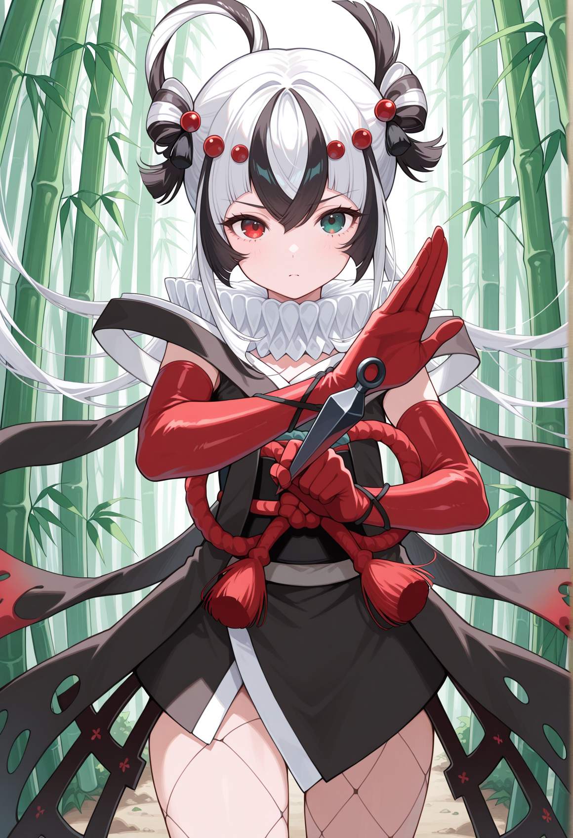 1girl, arthropod girl, multicolored hair, black hair, white hair, very long hair, hair ring, heterochromia, red eyes, green eyes, asymmetrical legwear, japanese clothes, kimono, white collar, elbow gloves, red gloves, holding kunai, outdoors, cowboy shot, bamboo forest, fighting stance,  <lora:kashin_koji_illus:1>, masterpiece, best quality, amazing quality, very aesthetic, absurdres, highres, newest