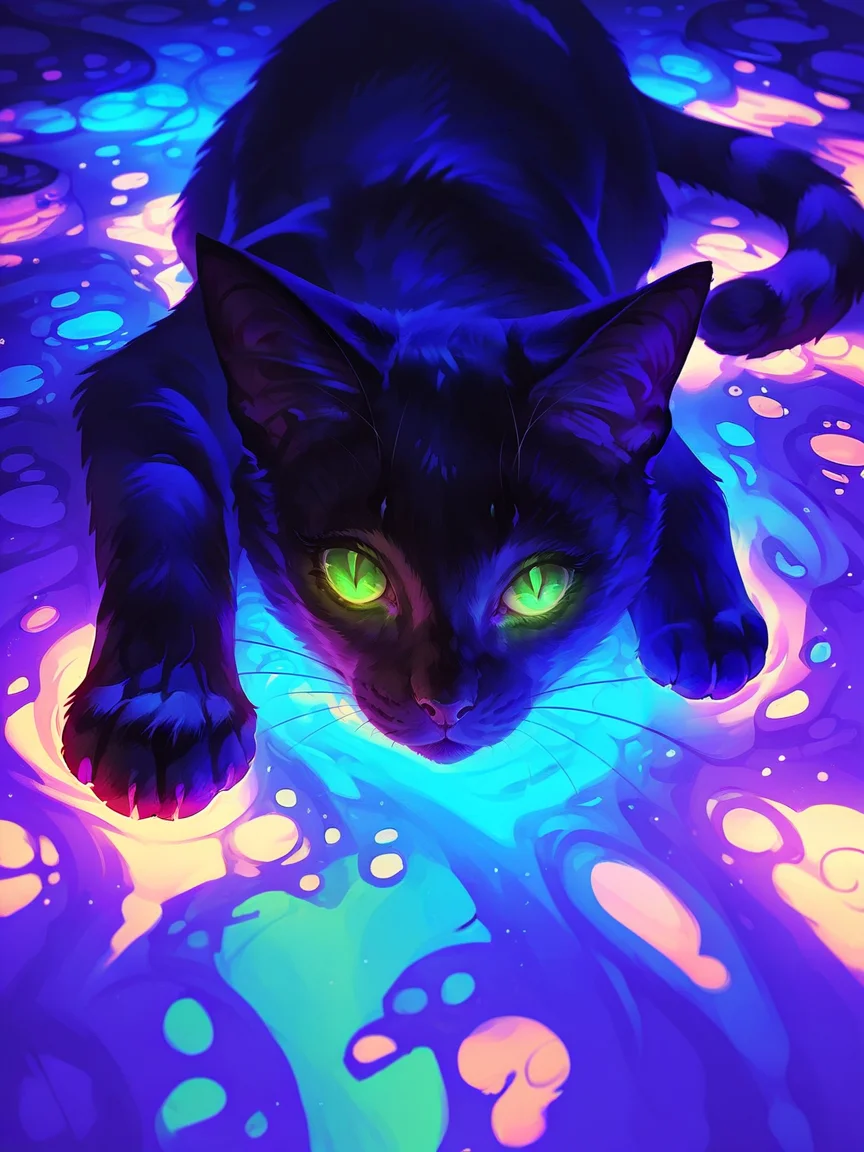 score_9, score_8_up, score_7_up, score_6_up, score_5_up, <lora:swirlsXLP:0.7> swirls, cat, no humans, animal focus, black cat, green eyes, looking at viewer, animal, colorful, glowing, glowing eyes