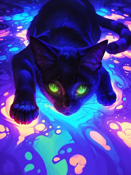 score_9, score_8_up, score_7_up, score_6_up, score_5_up,   <lora:swirlsXLP:0.7> swirls, cat, no humans, animal focus, black cat, green eyes, looking at viewer, animal, colorful, glowing, glowing eyes