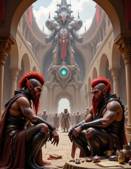 <lora:Vultarites_Flux:1>, redhead, elf ears, leggings, (topples:1.8), hip belts, tactical belts, gold jewelry, <lora:Huge_futanari_bulge_for_FLUX:1>, <lora:hsn4ts:1>, HS28008, HSstsaerb, HSselppin, HSealoera, <lora:MysticXXX-V6:0.7>,
(masterpiece, ultra-detailed, cinematic lighting, 15th-century fortified city merged with alien tech),
A Vultarites male scholar debates with a cloaked oracle vendor beneath towering aqueducts. Ancient scrolls, glowing tablets and crystal tools are laid out on tables. In the,
Background, the Eternal Walls gate â an impossibly tall alien wall fused with baroque arches and floating runes. Civilians pass by in layered robes and metallic harnesses. Red banners flutter in the wind.